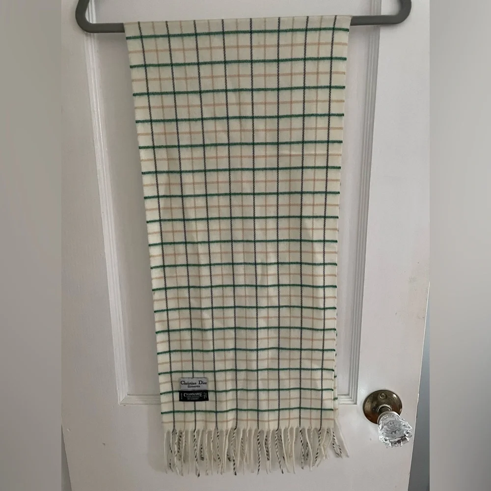 Christian Dior Soft Vintage Cashmaire Ivory Cream Scarf 54” plaid pattern